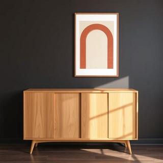 Sienna-toned poster above a teak console