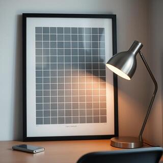 Slate poster near a steel lamp