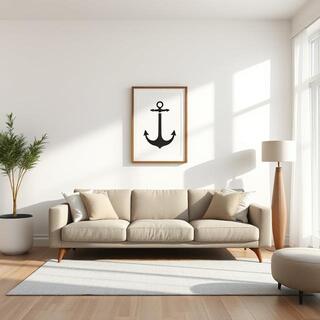 Room view with poster above a console