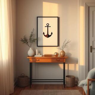 Console in a corner with a single anchor poster