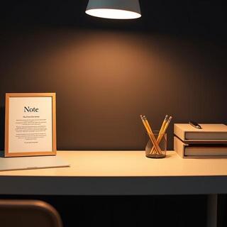Desk with a small note poster and pencil cup