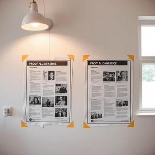 Proof wall with two paper stocks under warm light